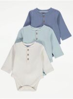 GEORGE Blue Ribbed Button Long Sleeve Bodysuits 3 Pack 0-3