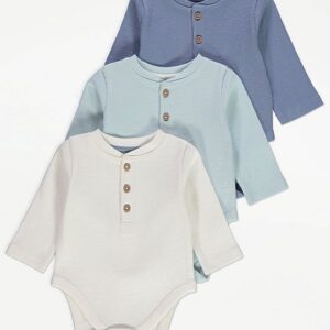 GEORGE Blue Ribbed Button Long Sleeve Bodysuits 3 Pack 0-3