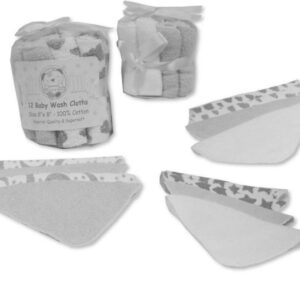 SNUGGLE 12 SOFT BABY WASH CLOTH GREY/WHITE