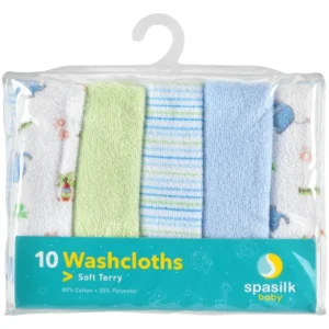 Spasilk Washcloth Wipes Set for Newborns and Infants, Terry Bathtime Essentials, Pack of 10, Blue Elephants